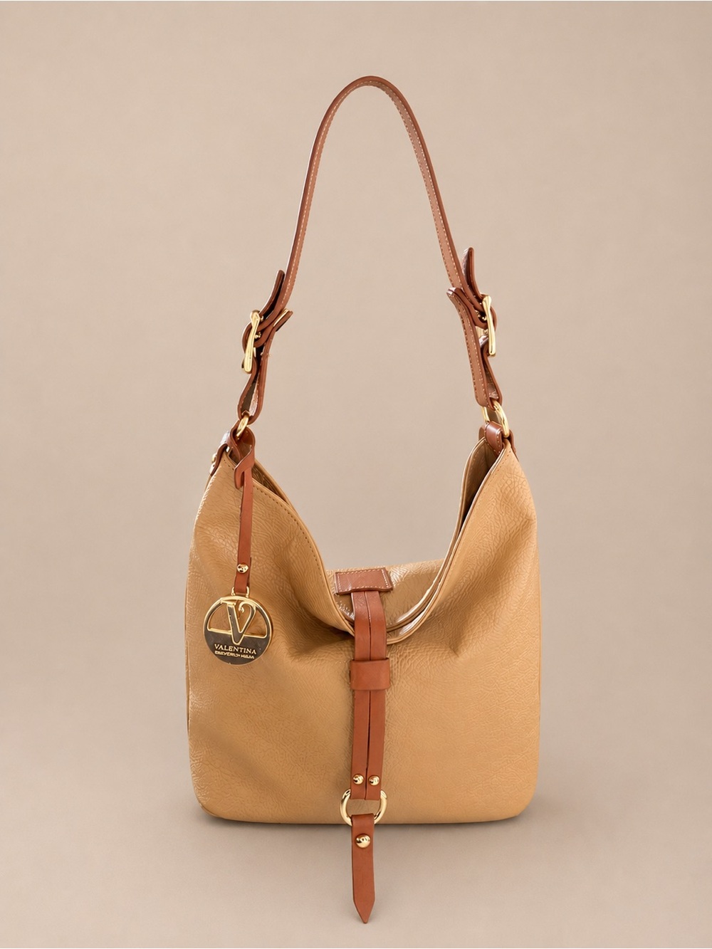 Valentina Made in Italy Genuine Leather Tan Hobo Shoulder Bag